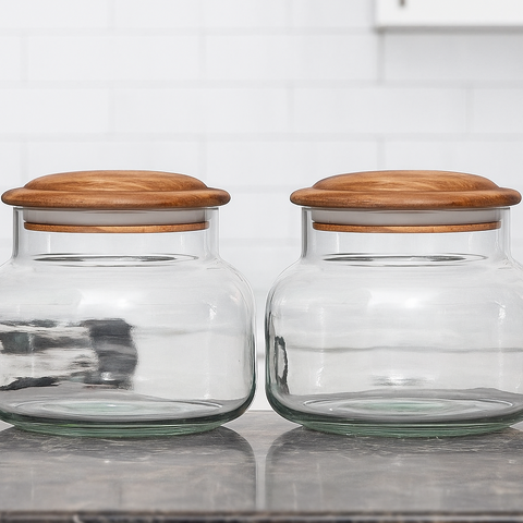 Airtight Glass Storage Jars With Airtight Wooden Lid [Set of 2]