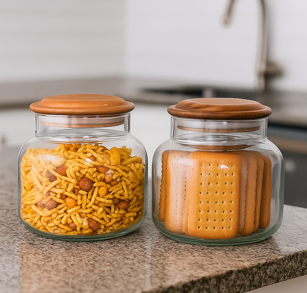 Airtight Glass Snack Jars with Wooden Lids (Set of 2)