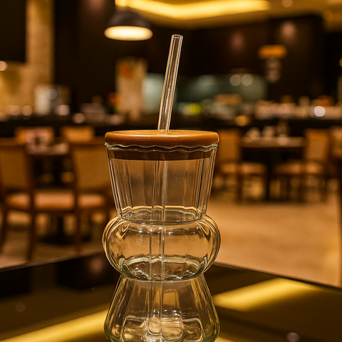 Center-Rounded Ribbed Glass Tumbler with Wooden Airtight Lid & Glass Straw