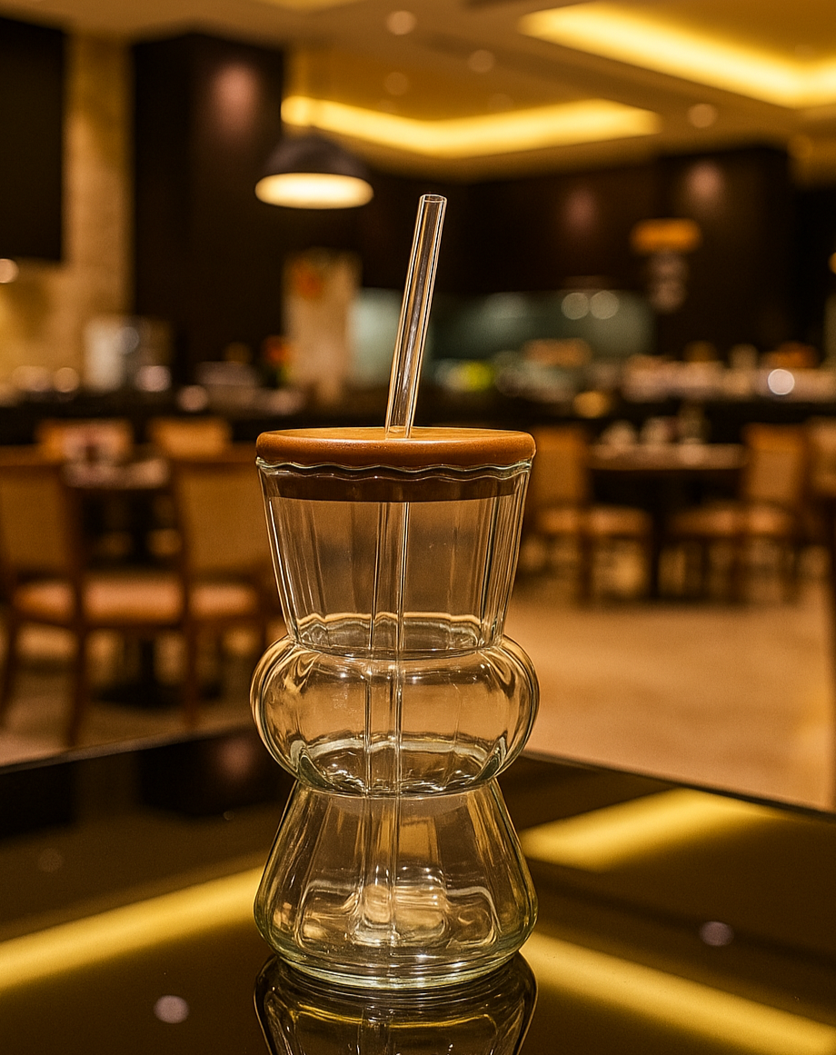 Ribbed Glass Tumbler with Wooden Lid & Glass Straw