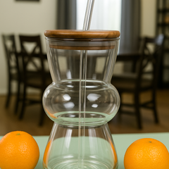 Sculpted Double-Curve Glass Tumbler with Wooden Lid & Straw