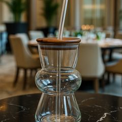 Sculpted Double-Curve Glass Tumbler with Wooden Lid & Straw