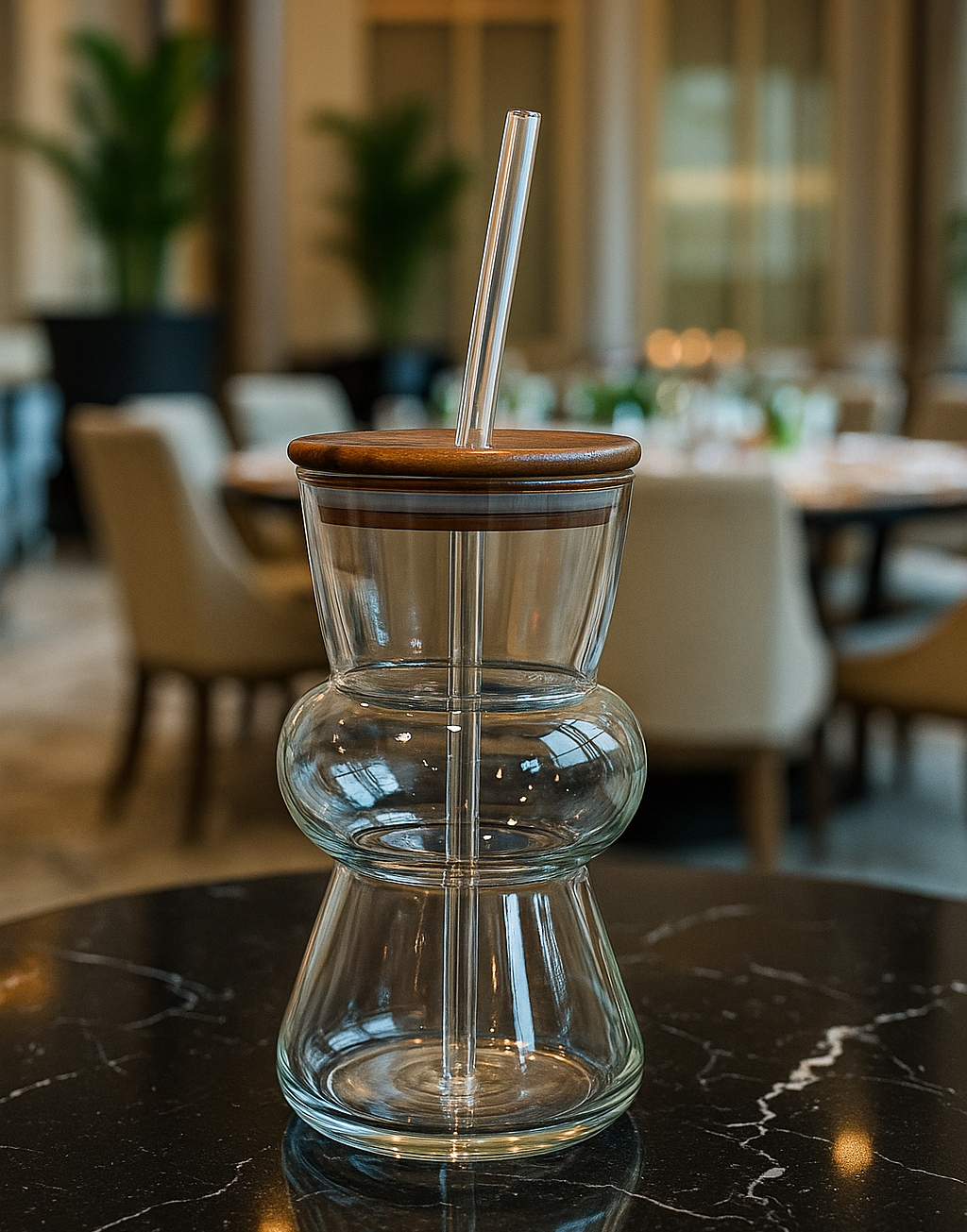 Sculpted Double-Curve Glass Tumbler with Wooden Lid & Straw