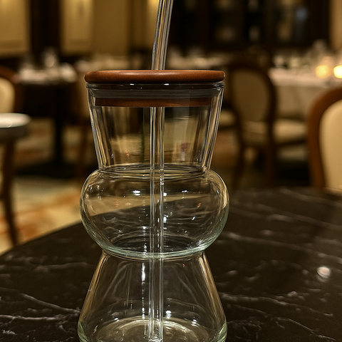 Sculpted Double-Curve Glass Tumbler with Wooden Lid & Straw