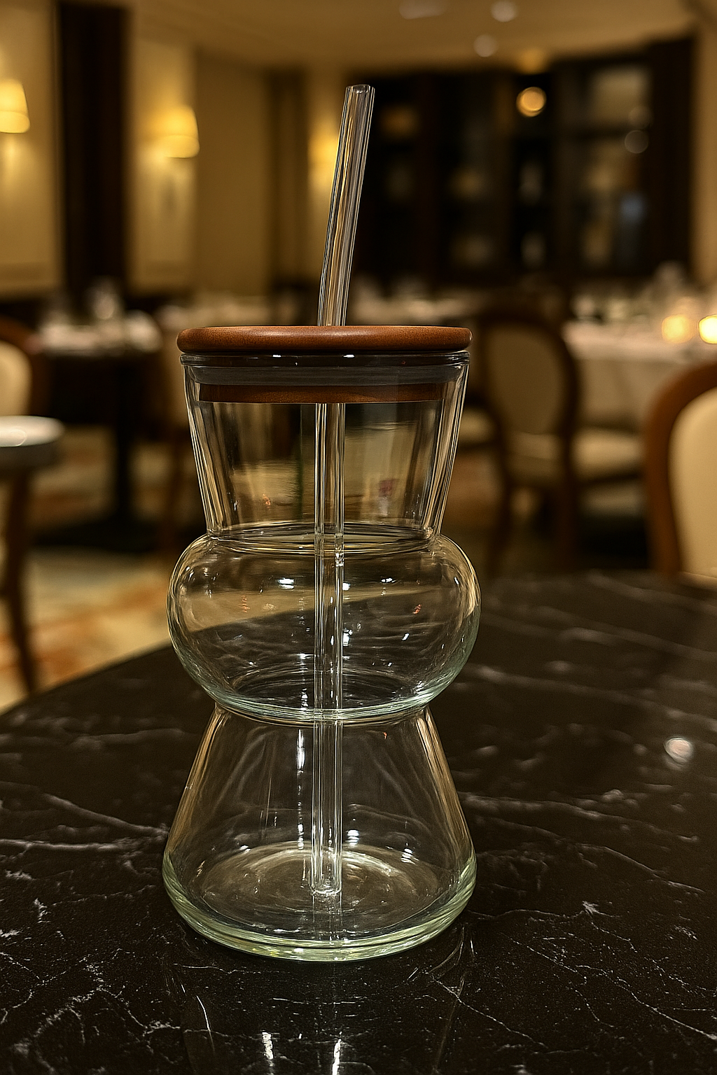 Sculpted Double-Curve Glass Tumbler with Wooden Lid & Straw