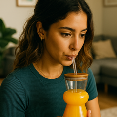 Sculpted Double-Curve Glass Tumbler with Wooden Lid & Straw