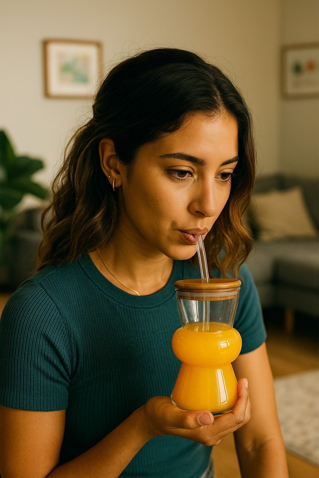 Sculpted Double-Curve Glass Tumbler with Wooden Lid & Straw