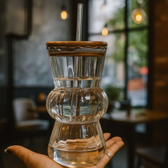 Ribbed Glass Tumbler with Wooden Lid & Glass Straw