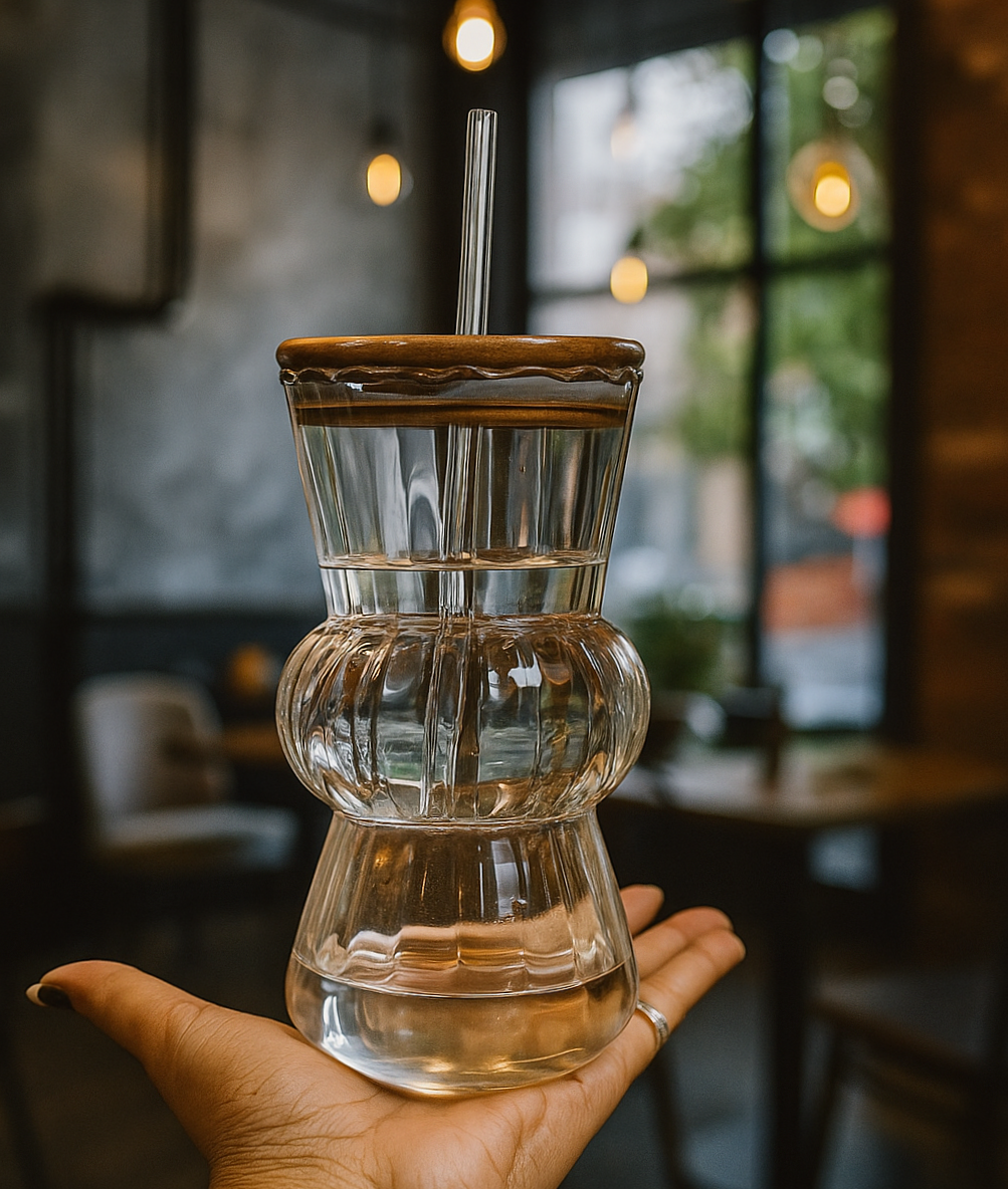 Ribbed Glass Tumbler with Wooden Lid & Glass Straw