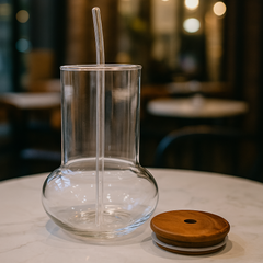 Sculpted Clear Glass Tumbler with Wooden Lid & Straw