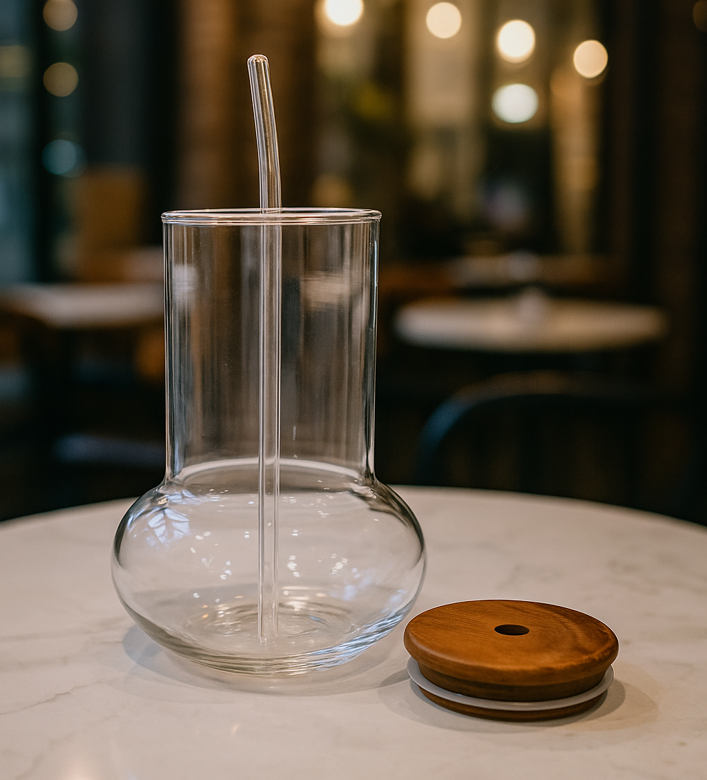 Sculpted Clear Glass Tumbler with Wooden Lid & Straw