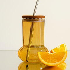 Sculpted Ribbed Glass Tumbler with Wooden Lid & Straw