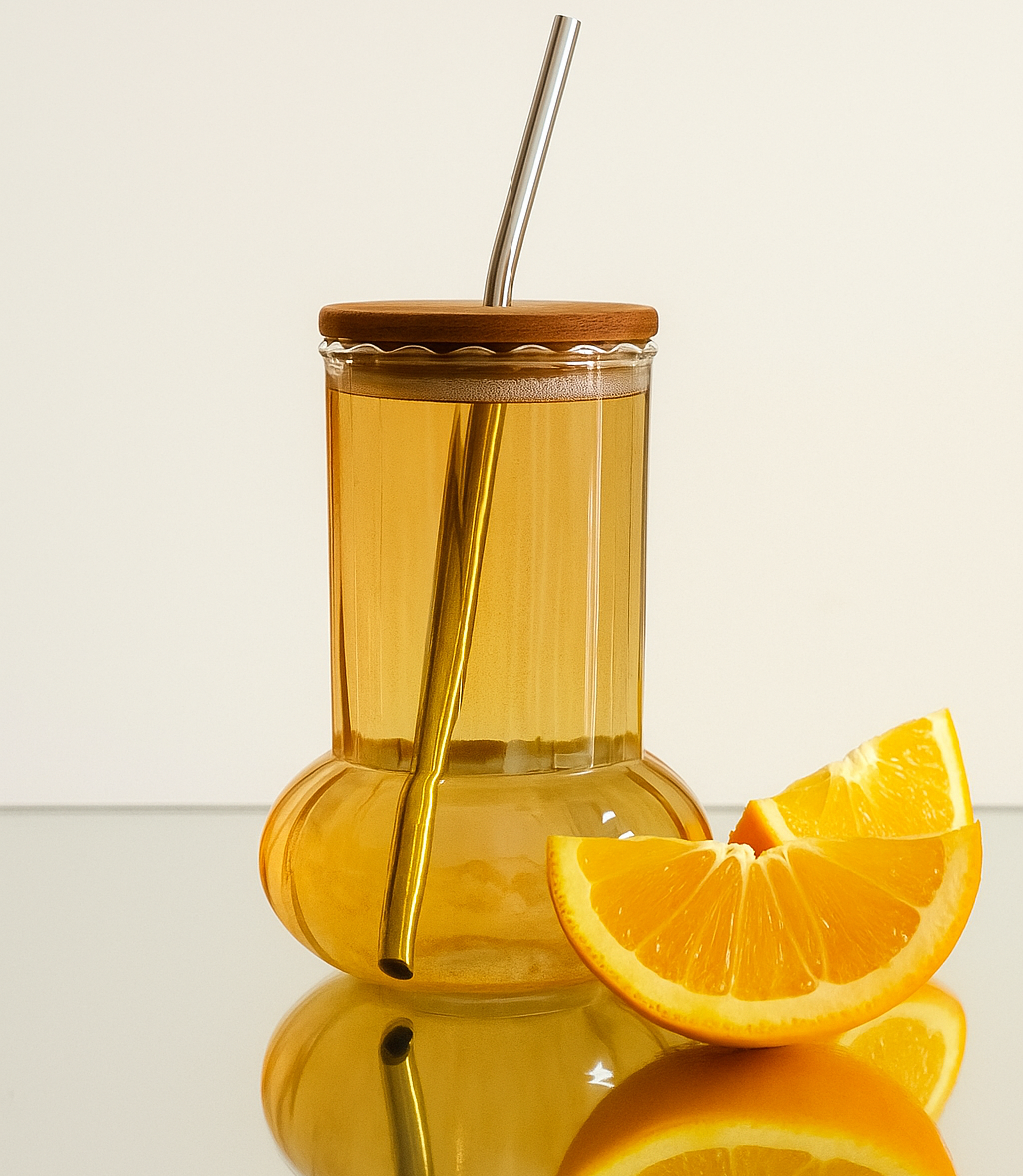 Sculpted Ribbed Glass Tumbler with Wooden Lid & Straw