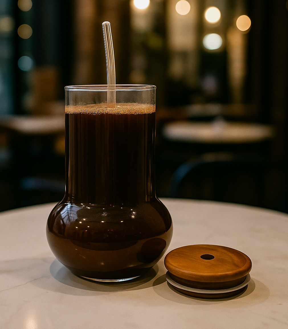 Sculpted Clear Glass Tumbler with Wooden Lid & Straw