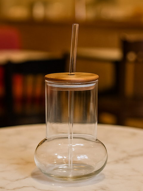 Sculpted Clear Glass Tumbler with Wooden Lid & Straw