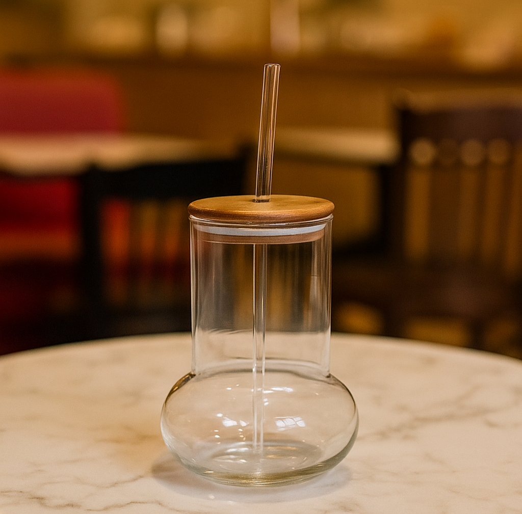 Sculpted Clear Glass Tumbler with Wooden Lid & Straw