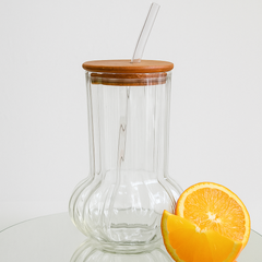 Sculpted Ribbed Glass Tumbler with Wooden Lid & Straw