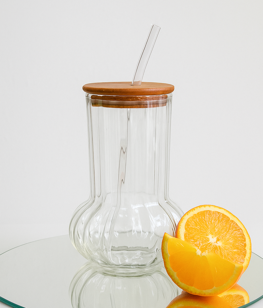 Sculpted Ribbed Glass Tumbler with Wooden Lid & Straw