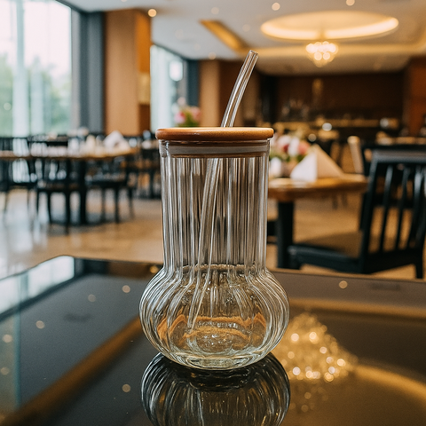 Sculpted Ribbed Bottom-Rounded Glass Tumbler with Wooden Lid & Straw