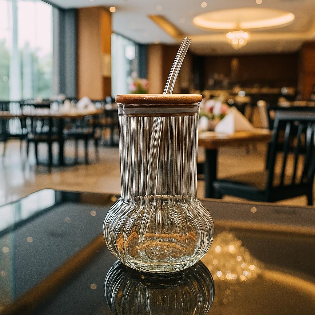 Sculpted Ribbed Glass Tumbler with Wooden Lid & Straw