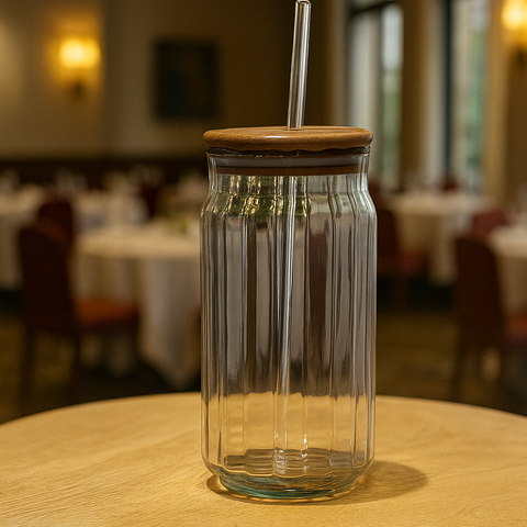 Sculpted Ribbed Glass Tumbler With Wooden Lid & Straw