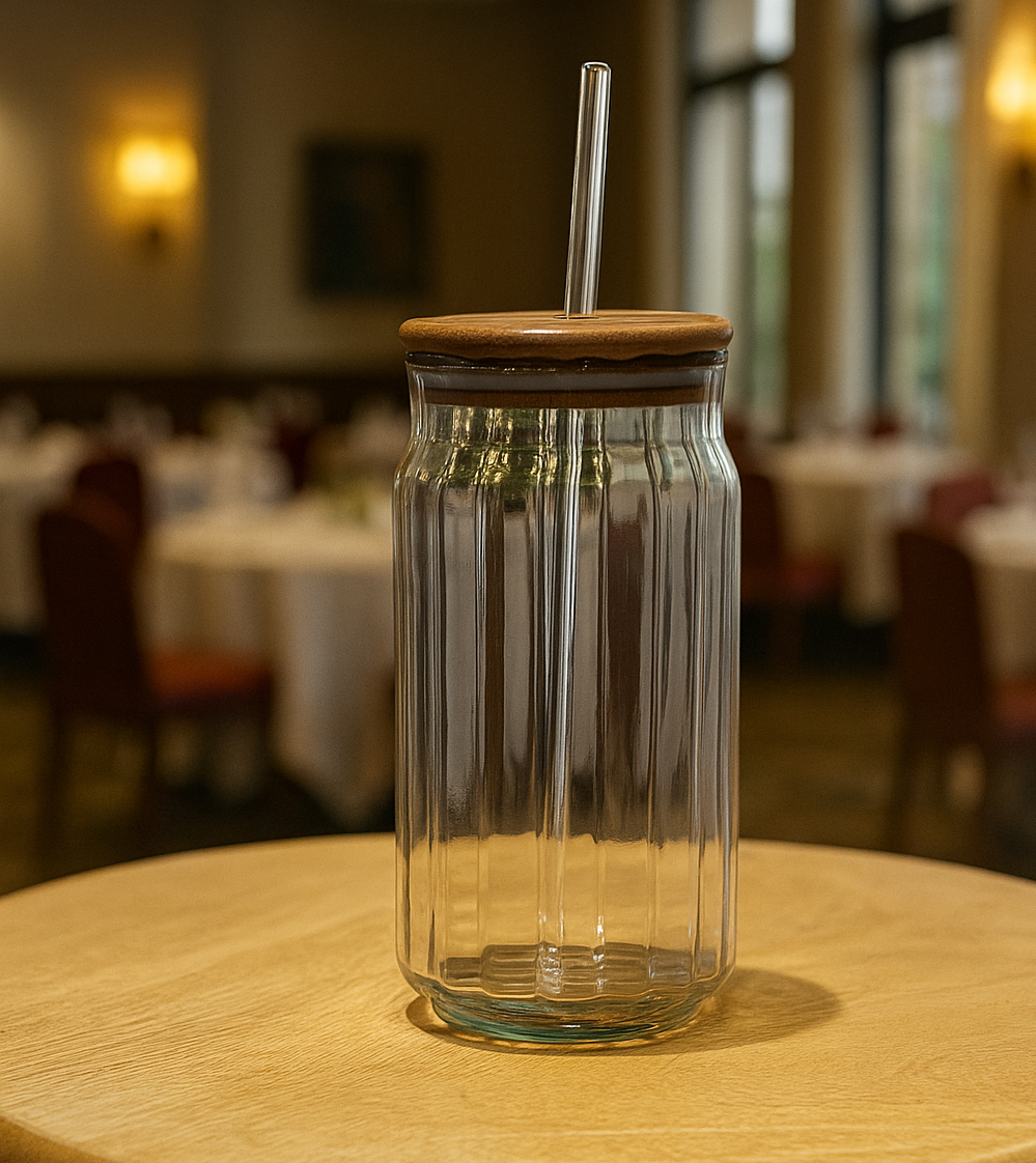 Ribbed Glass Drinking Jar with Straw