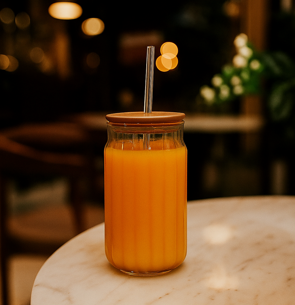 Ribbed Glass Drinking Jar with Straw