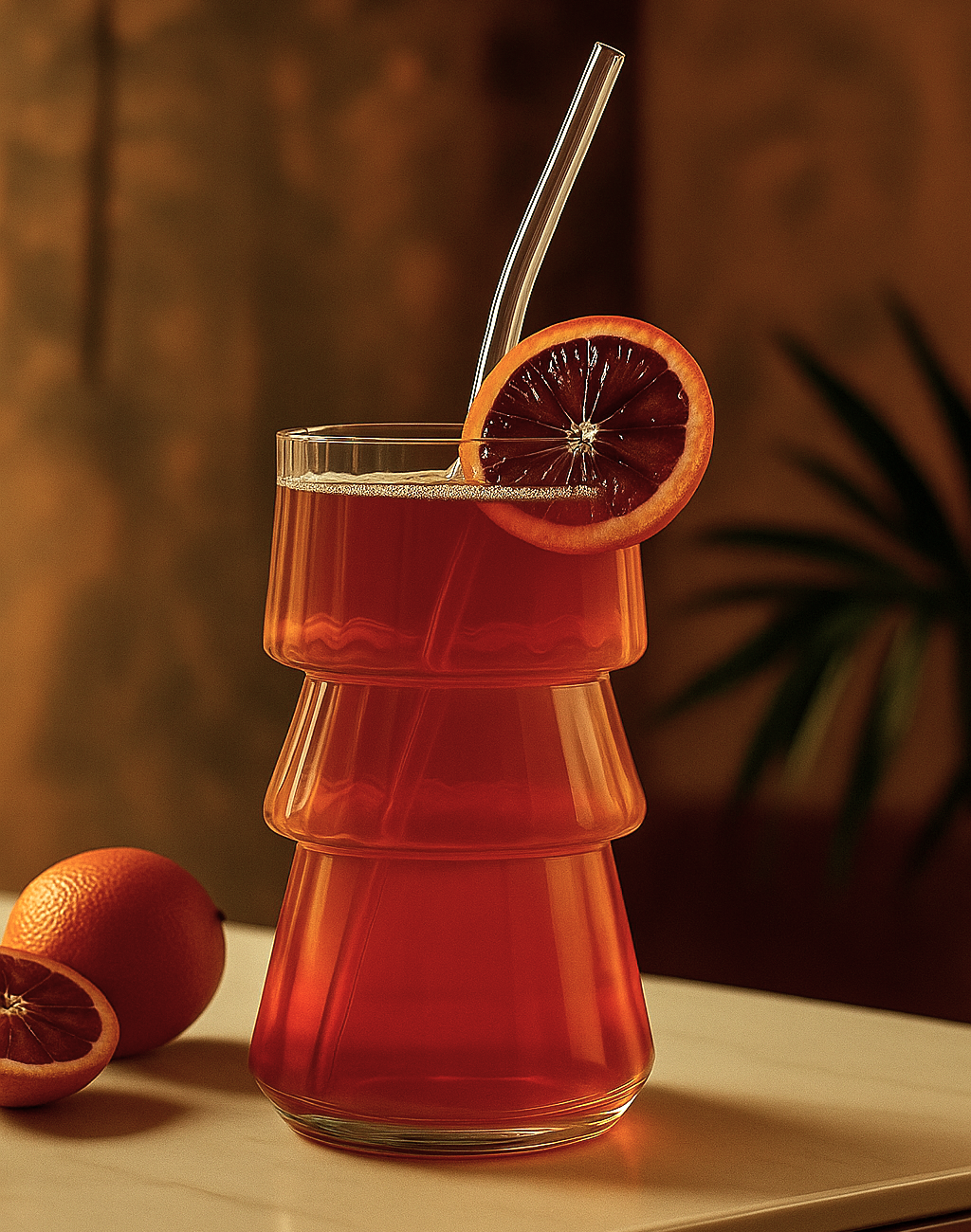 Stacked Tree-Shaped Ribbed Glass Tumbler With Wooden Airtight Lid & Glass Straw