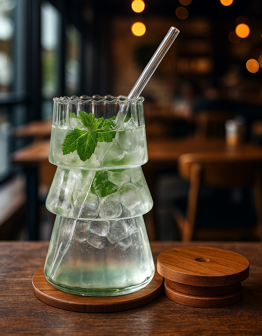 Stacked Tree-Shaped Ribbed Glass Tumbler With Wooden Airtight Lid & Glass Straw