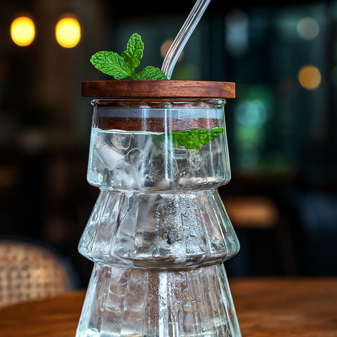 Stacked Tree-Shaped Ribbed Glass Tumbler With Wooden Airtight Lid & Glass Straw