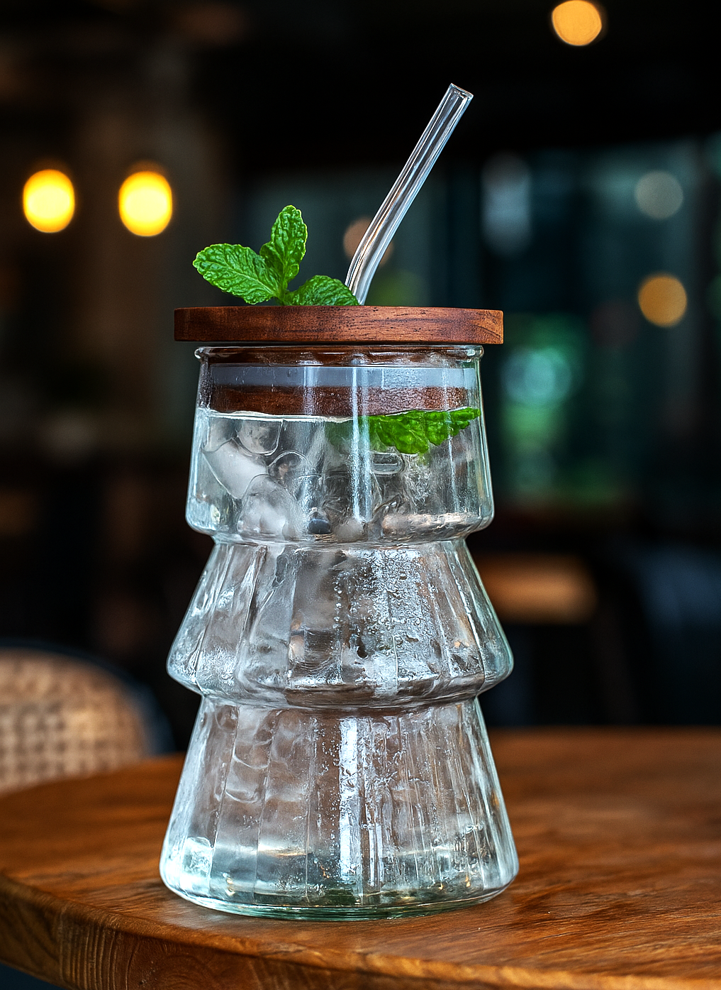 Stacked Tree-Shaped Ribbed Glass Tumbler With Wooden Airtight Lid & Glass Straw