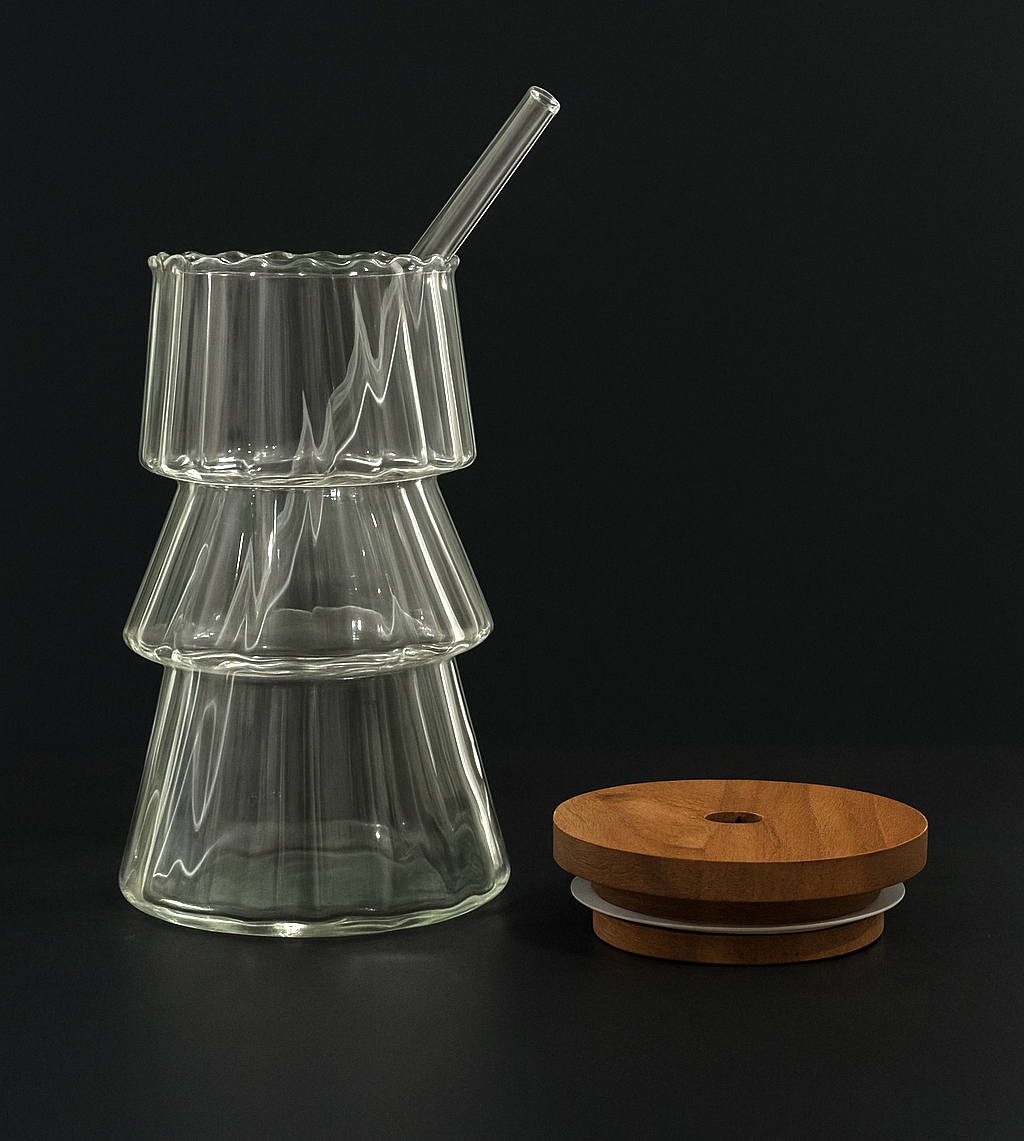 Stacked Tree-Shaped Ribbed Glass Tumbler With Wooden Airtight Lid & Glass Straw