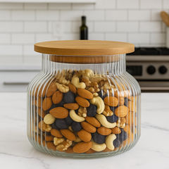 Ribbed Glass Storage Jar with Natural Wooden Lid