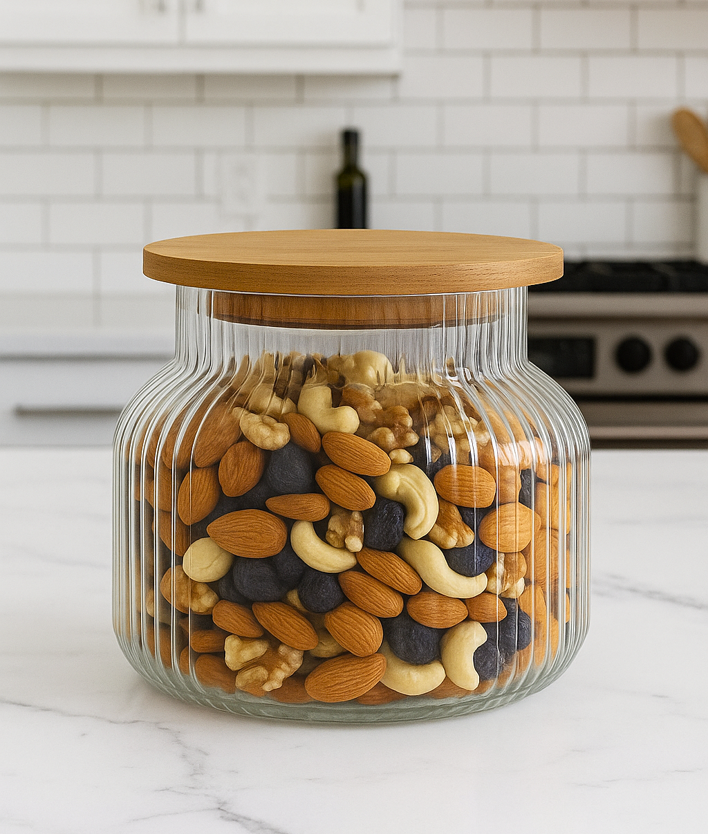 Ribbed Glass Storage Jar with Natural Wooden Lid
