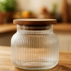 Ribbed Glass Storage Jar with Natural Wooden Lid