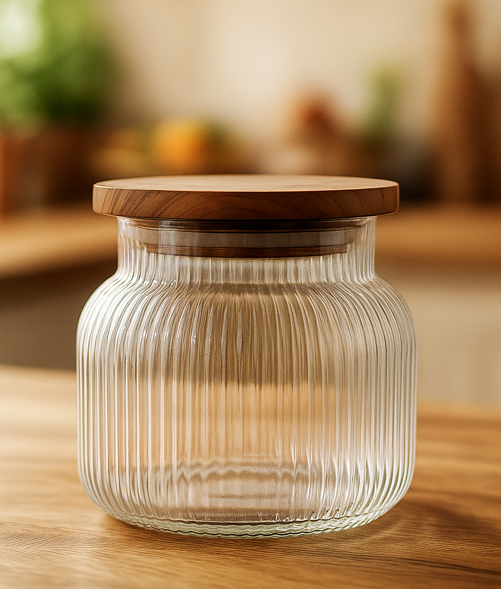 Ribbed Glass Storage Jar with Natural Wooden Lid