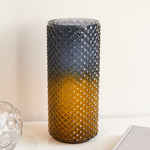 Black-Amber Double Toned Diamond Textured Glass Vase [Black\Amber]