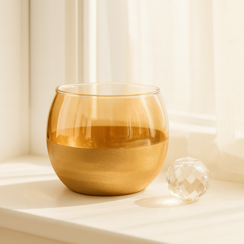 Gold Glass Flower Vase With Matte Horizontally Ribbed Gold Base [Amber]