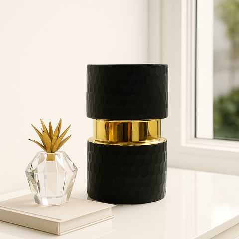 Midnight Luxe Black & Gold Decorative Vase | Hammered Textured With Horizontal Gold Band