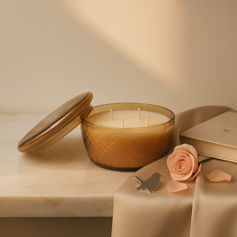 Luxury Etched Amber Glass Multi-Wick Candle With Lid (Amber)