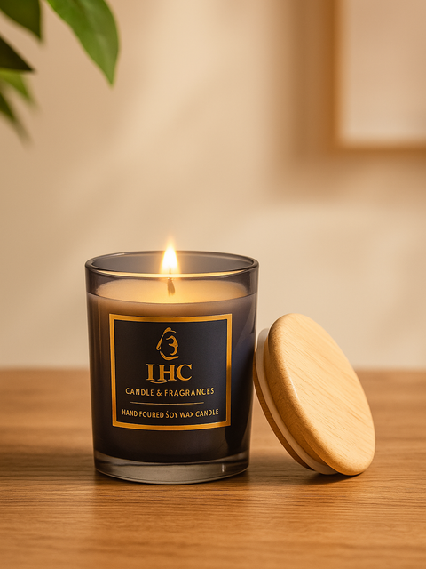 Luxury Black Glass Soy Wax Candle with Wooden Lid