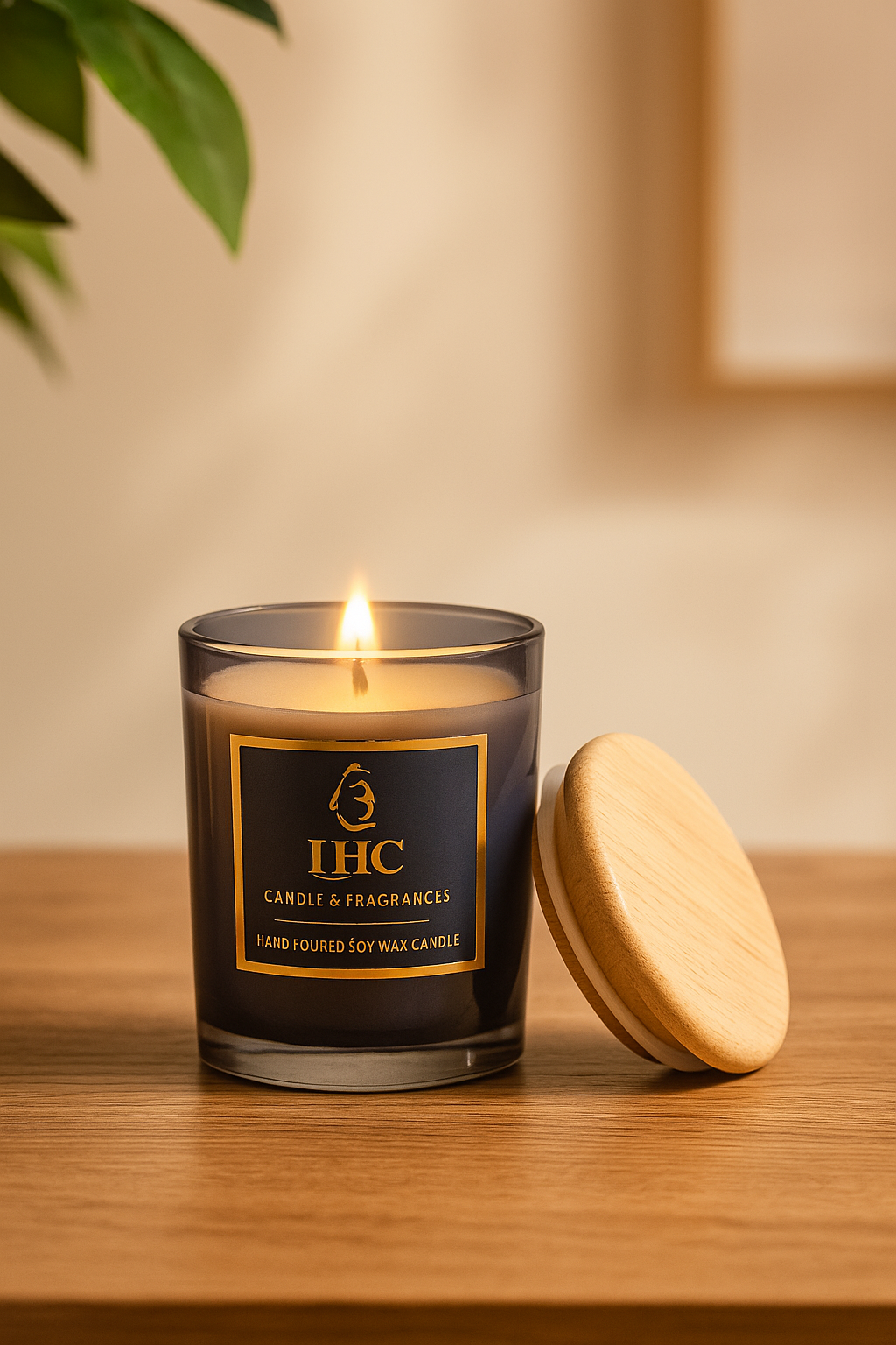 Luxury Black Glass Soy Wax Candle with Wooden Lid