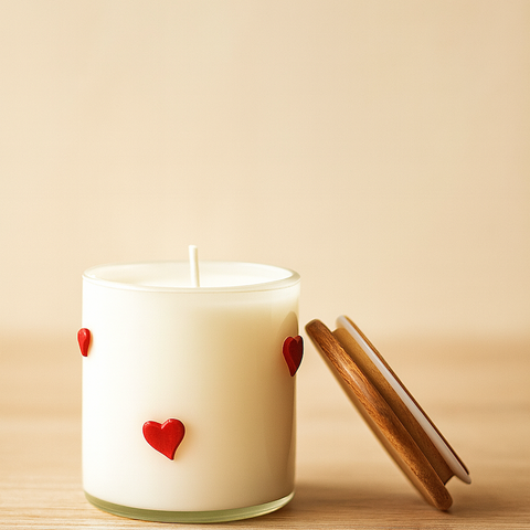 Heart-Detail Glass Soy Wax Candle With Natural Airtight Wooden Lid (White)