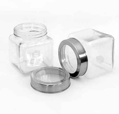 Premium Square Glass Pickle Jars (Pack of 2) with Airtight Stainless Steel Lids | Transparent 1000ml Food Storage Containers | Heavy Duty Leakproof Achar Barni Set for Kitchen Pantry, Spices, Dry Fruits & Snacks