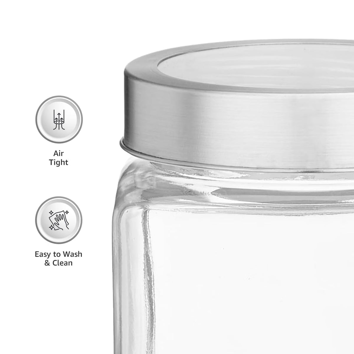 Premium Square Glass Pickle Jars (Pack of 2) with Airtight Stainless Steel Lids | Transparent 1000ml Food Storage Containers | Heavy Duty Leakproof Achar Barni Set for Kitchen Pantry, Spices, Dry Fruits & Snacks