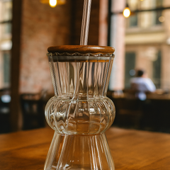 Ribbed Glass Tumbler with Wooden Lid & Glass Straw