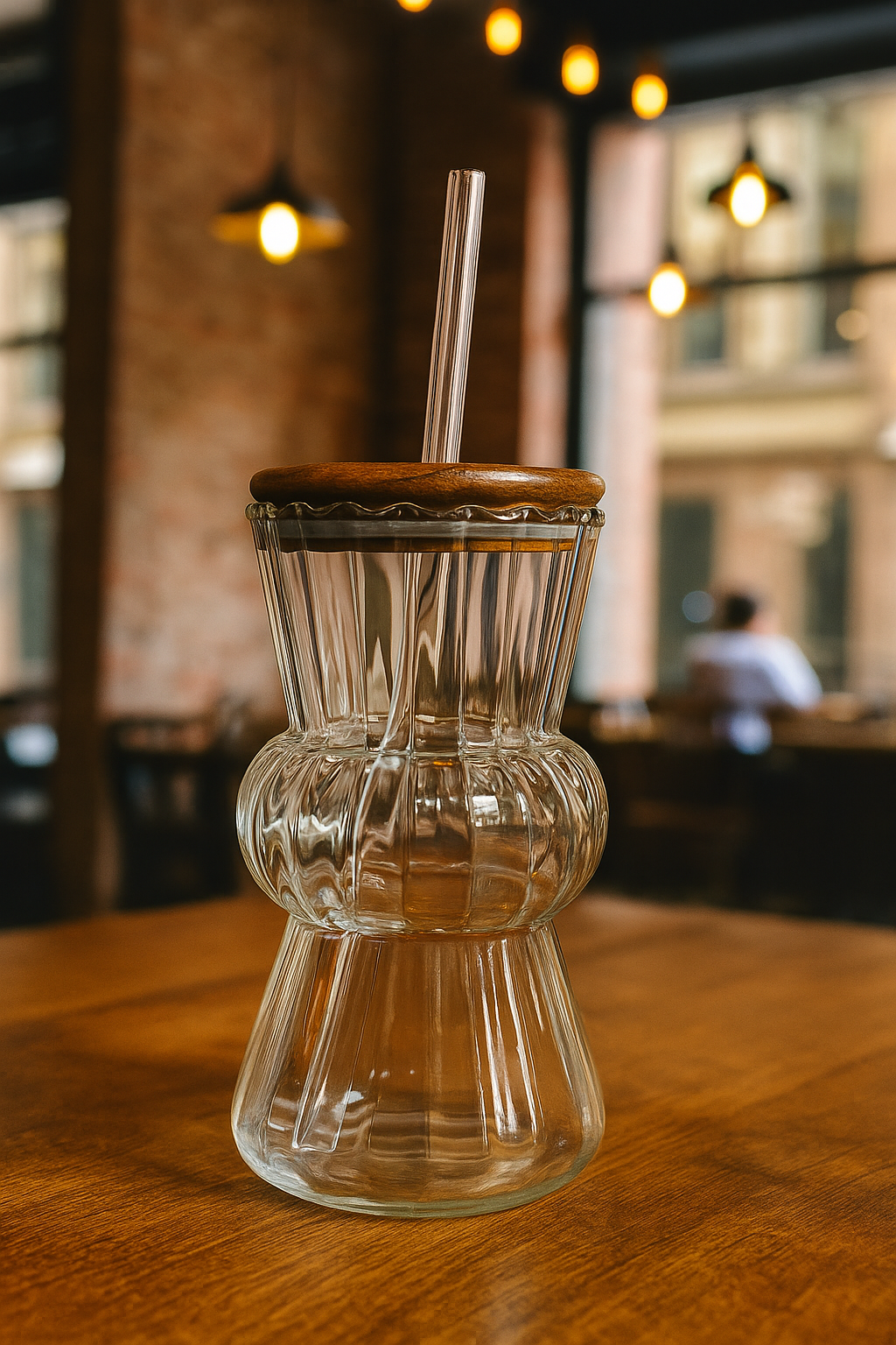 Ribbed Glass Tumbler with Wooden Lid & Glass Straw