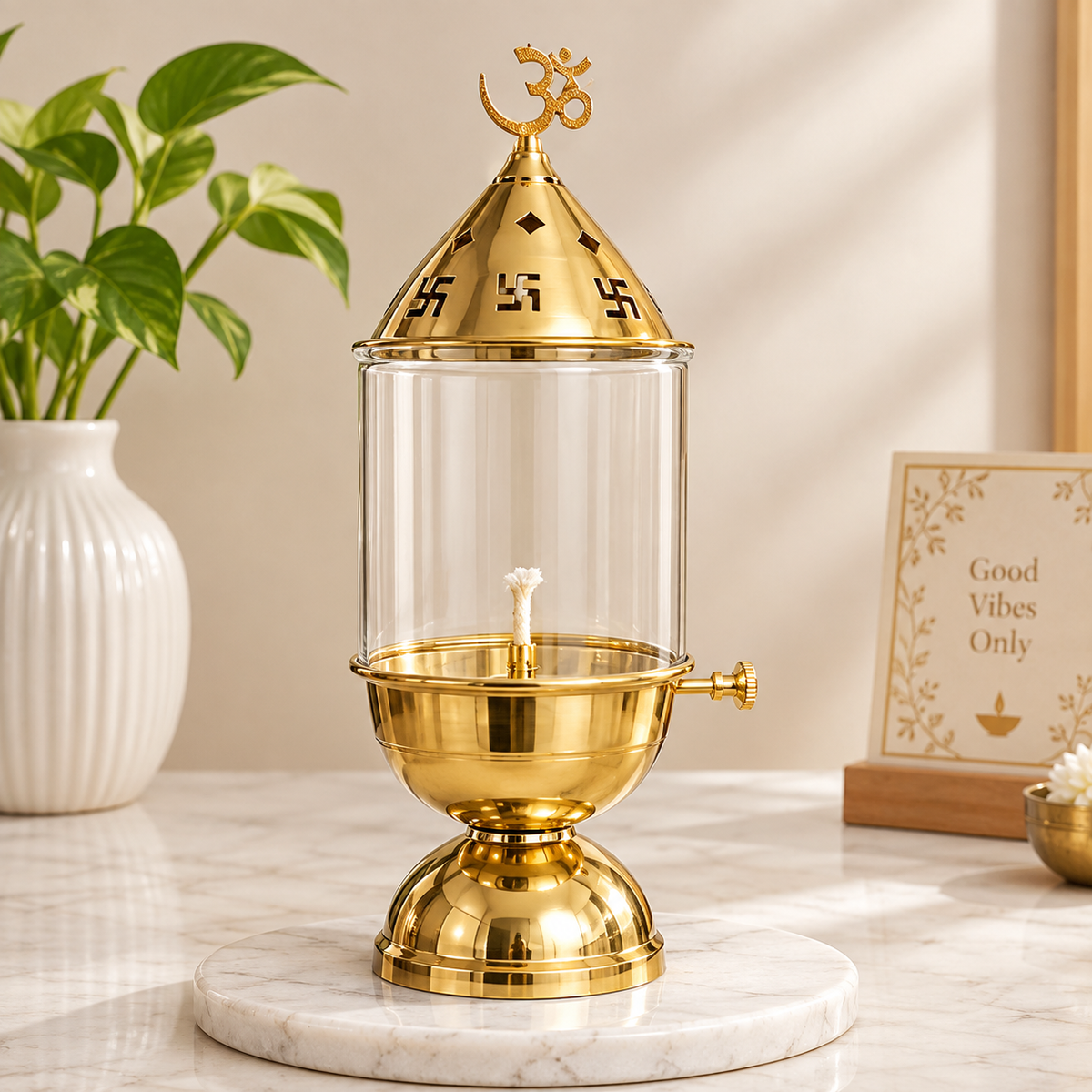 Premium Brass Akhand Diya with Glass Cover & Adjustable Wick