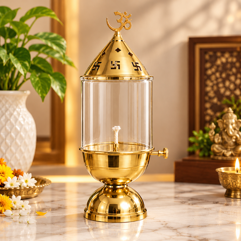Premium Brass Akhand Diya with Glass Cover & Adjustable Wick
