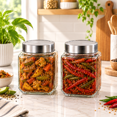 Premium Square Glass Pickle Jars (Pack of 2) with Airtight Stainless Steel Lids | Transparent 1000ml Food Storage Containers | Heavy Duty Leakproof Achar Barni Set for Kitchen Pantry, Spices, Dry Fruits & Snacks